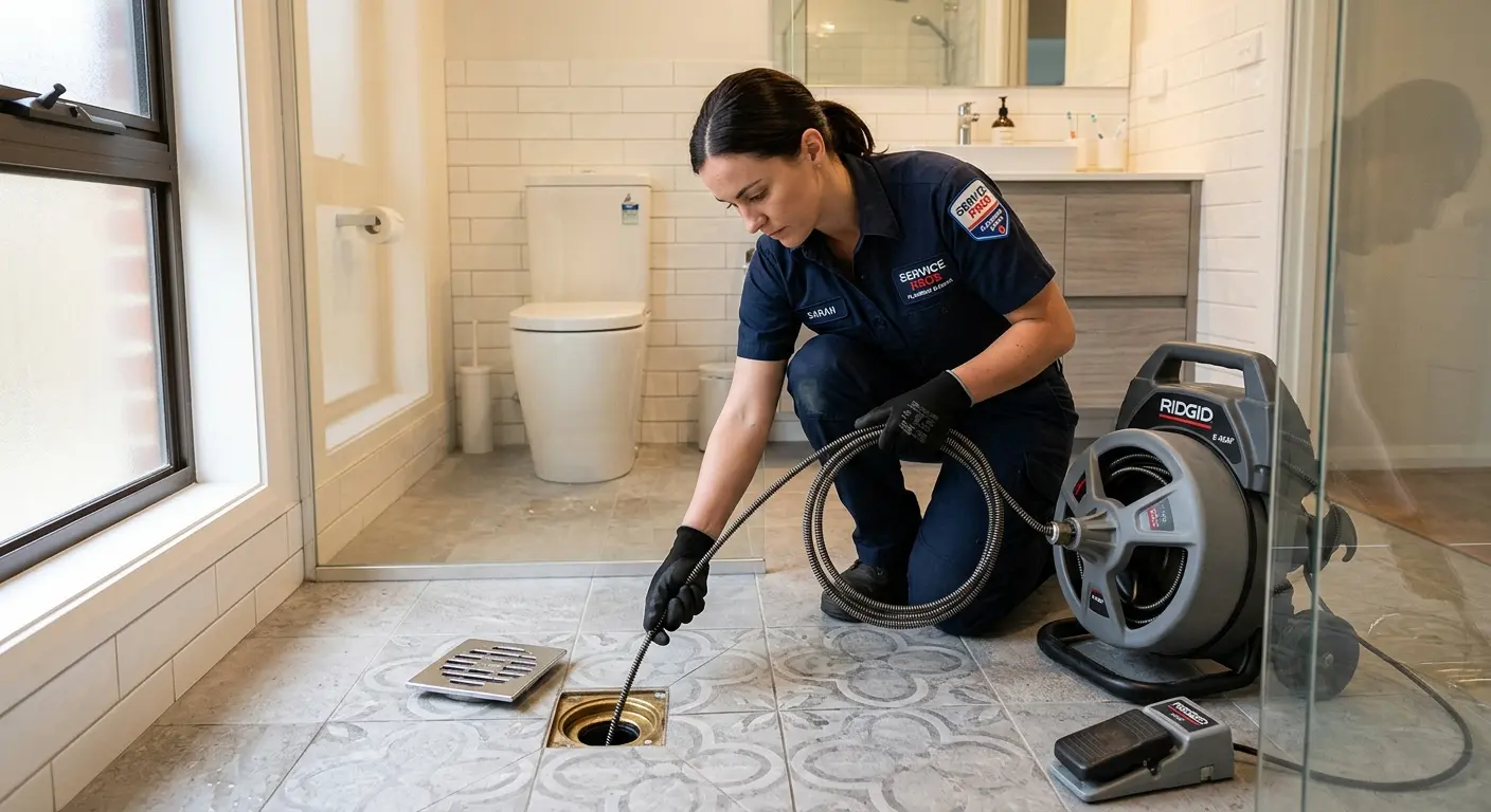 Technician clearing a bathroom floor drain for Drain Repair in Trenton